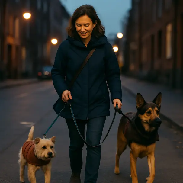 Two dogs of different breeds being walked by a smiling pet carer on a city street at dusk.