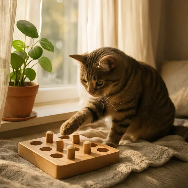 Tabby cat using a puzzle feeder on a sunny windowsill in a cozy living room.