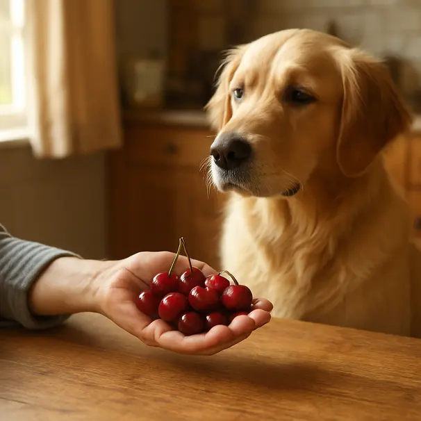 Person holding ripe cherries over a kitchen table while a golden retriever watches nearby
