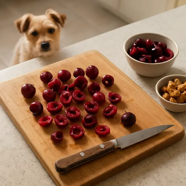 Cut cherries on a cutting board with pits removed and a small terrier in the background