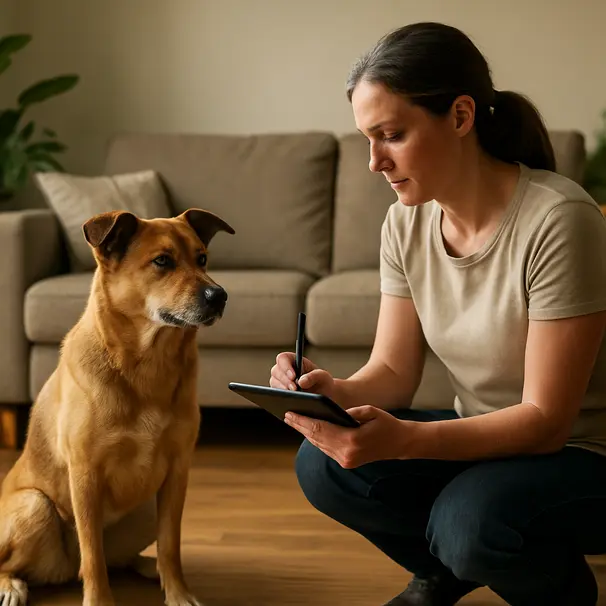 Pet carer writing notes on a tablet while watching a mixed-breed dog in a living room