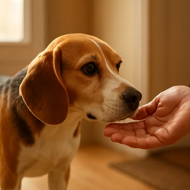 Beagle in an entryway sniffing a person's hand, friendly indoor greeting