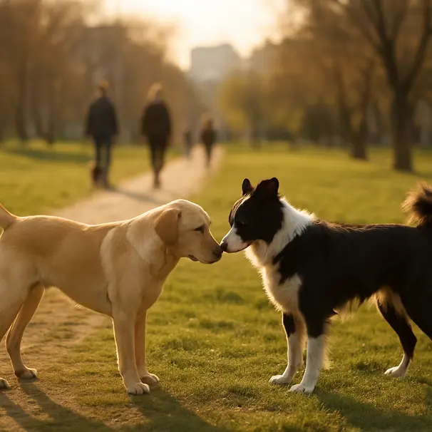 Labrador and border collie sniffing each other during a park greeting on a grassy path