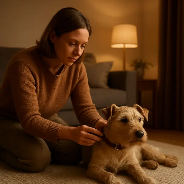 Pet carer at home calmly checking a terrier's collar, cozy living room environment