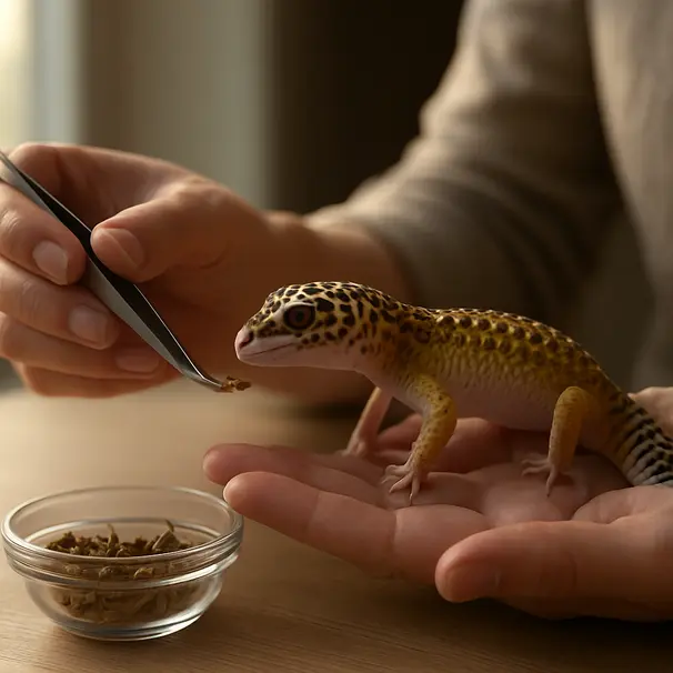 Person offering a cricket to a leopard gecko with tweezers inside a home terrarium environment, feeding supplies visible