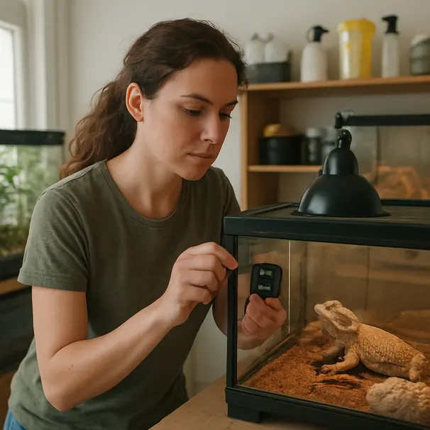 Pet carer examining thermostat on a reptile enclosure with enclosure supplies and daylight visible in the room