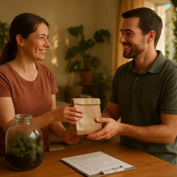 Owner giving a care instructions packet to a pet carer beside a terrarium, checklist and supplies on table