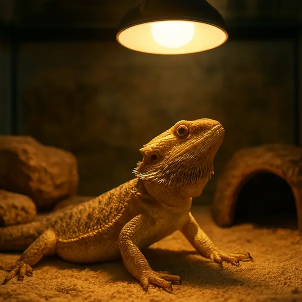 Bearded dragon lying on a rock under a basking lamp inside a terrarium, warm lighting and visible habitat features