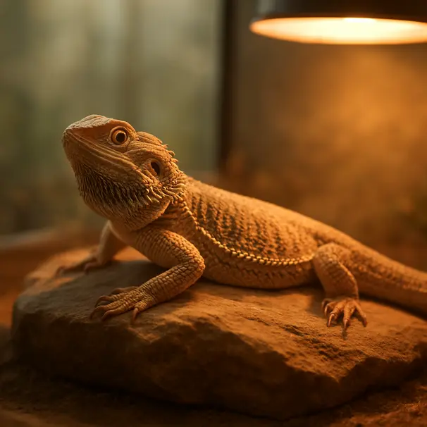 Bearded dragon resting on a rock under a heat lamp inside a vivarium, basking calmly with visible scale detail.