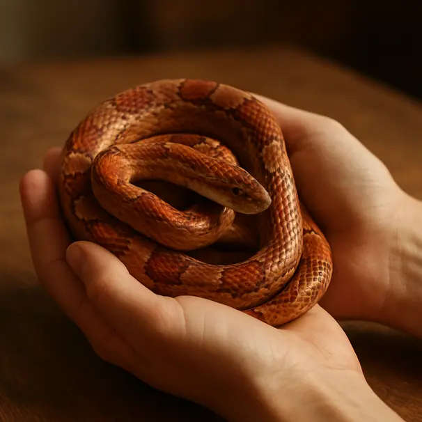 Corn snake calmly supported by two hands indoors, showing loose coil and relaxed posture.