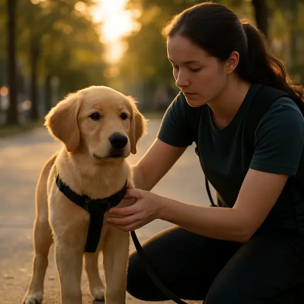 Teenage large-breed puppy handled by a pet carer outdoors, harness adjustment and steadying hand on chest