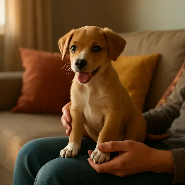 Three-month puppy on a person's lap, hands providing steady support in a cozy living room