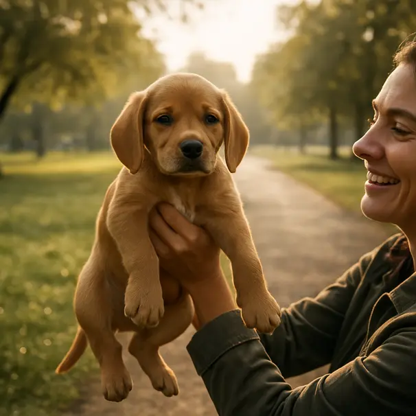 Carer lifting a young puppy in a park, hands supporting chest and hindquarters, morning light