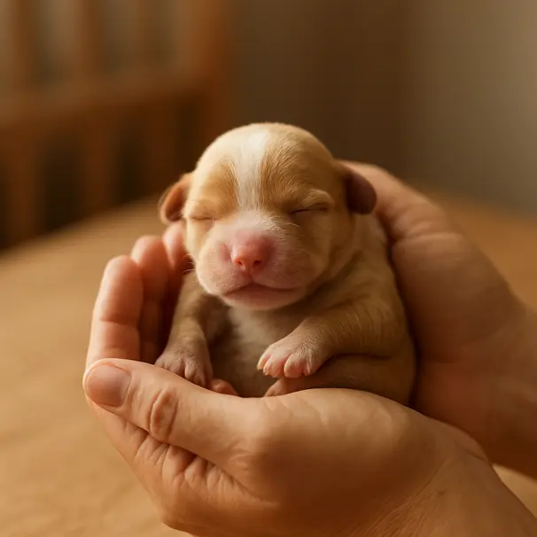 Newborn puppy nested in a caregiver's hands indoors, full body supported and warm lighting