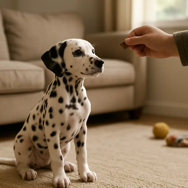 Dalmatian puppy sitting in a living room taking a treat during a training session
