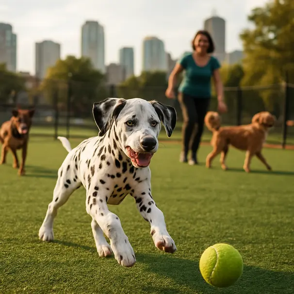 Dalmatian puppy running after a ball at a fenced dog park with a carer and city skyline