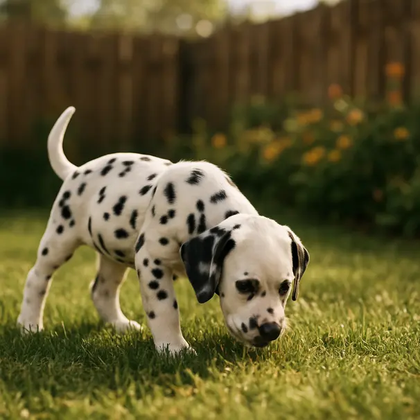 Dalmatian puppy sniffing grass in a sunny backyard with wooden fence and flowers