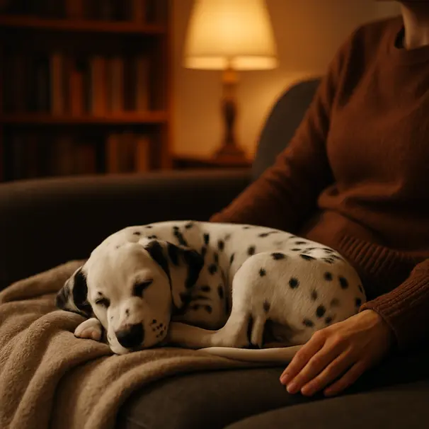 Dalmatian puppy cuddled on a couch with owner under warm lamplight and a bookshelf behind