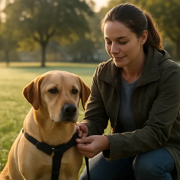 Pet carer putting on a harness for a Labrador-mix at a park entrance during morning light