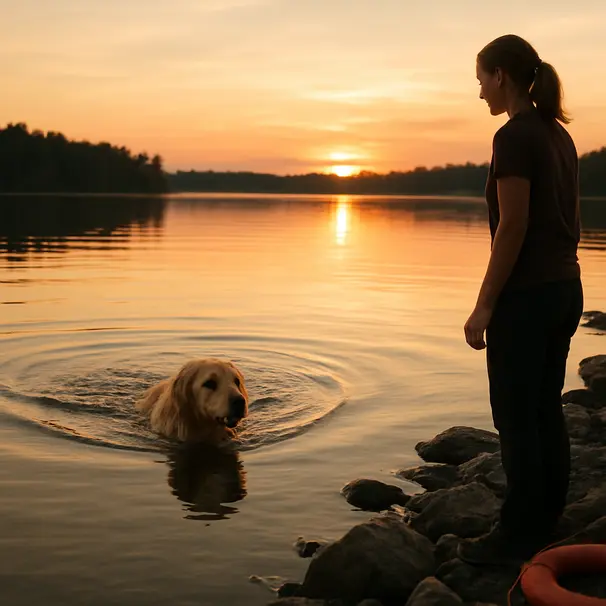 Golden retriever swimming in a lake at sunset with a pet carer on the shore