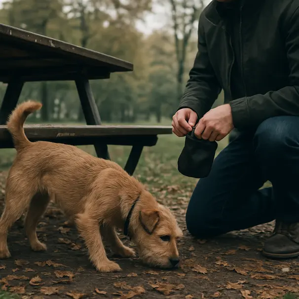 Small terrier searching for treats under a picnic table while owner watches in a leafy park