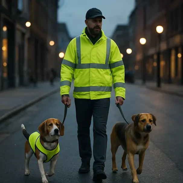 Beagle in reflective vest and mixed-breed on leashes during an evening urban walk with a pet carer