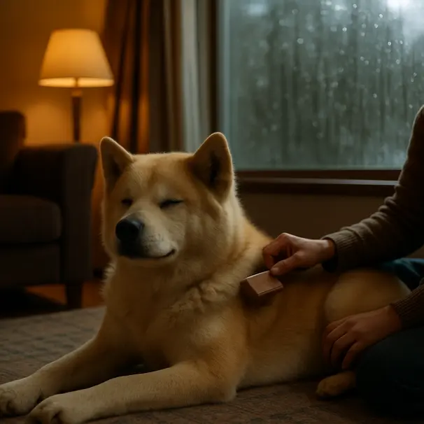 Akita lying on rug indoors during a rainy day as owner gently brushes its coat near a window