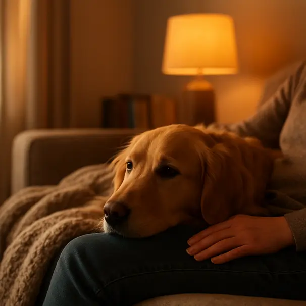 Golden Retriever resting head on owner's lap on a cozy sofa indoors at evening, showing affection