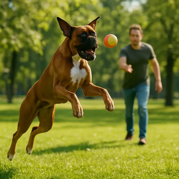 Boxer mid-air catching a bright ball in a sunlit city park, owner in the background