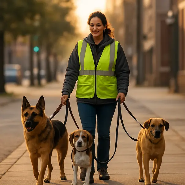 Professional pet carer walking mixed-breed dogs on an urban sidewalk at sunrise