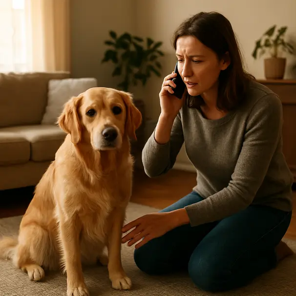 Owner kneeling beside a golden retriever in a living room, making a phone call to the vet while comforting the dog