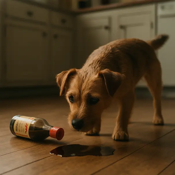 Small brown terrier sniffing a puddle of spilled soy sauce on a wooden kitchen floor next to a tipped bottle, morning light through window