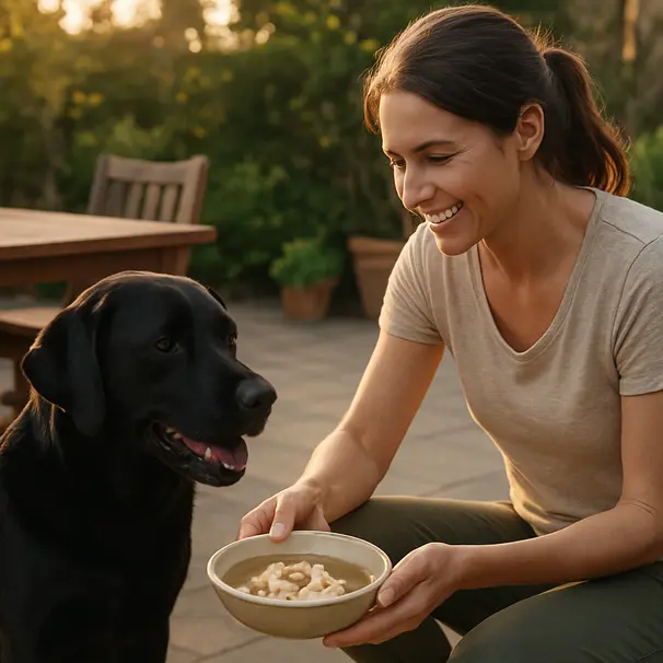 Pet carer placing a bowl of unsalted chicken broth and plain cooked chicken near a black Labrador on an outdoor patio at golden hour
