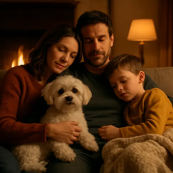 Family cuddling a freshly groomed Maltese on a couch beside a fireplace