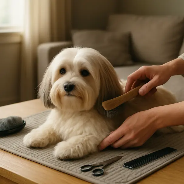 Havanese dog being brushed on a grooming mat in a sunlit living room