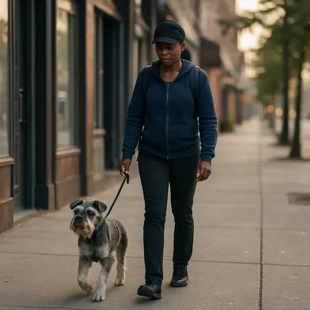 Pet carer walking a Schnauzer down a city sidewalk at morning