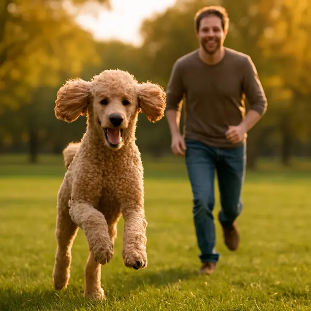 Standard Poodle running in a sunny park with owner smiling in the background