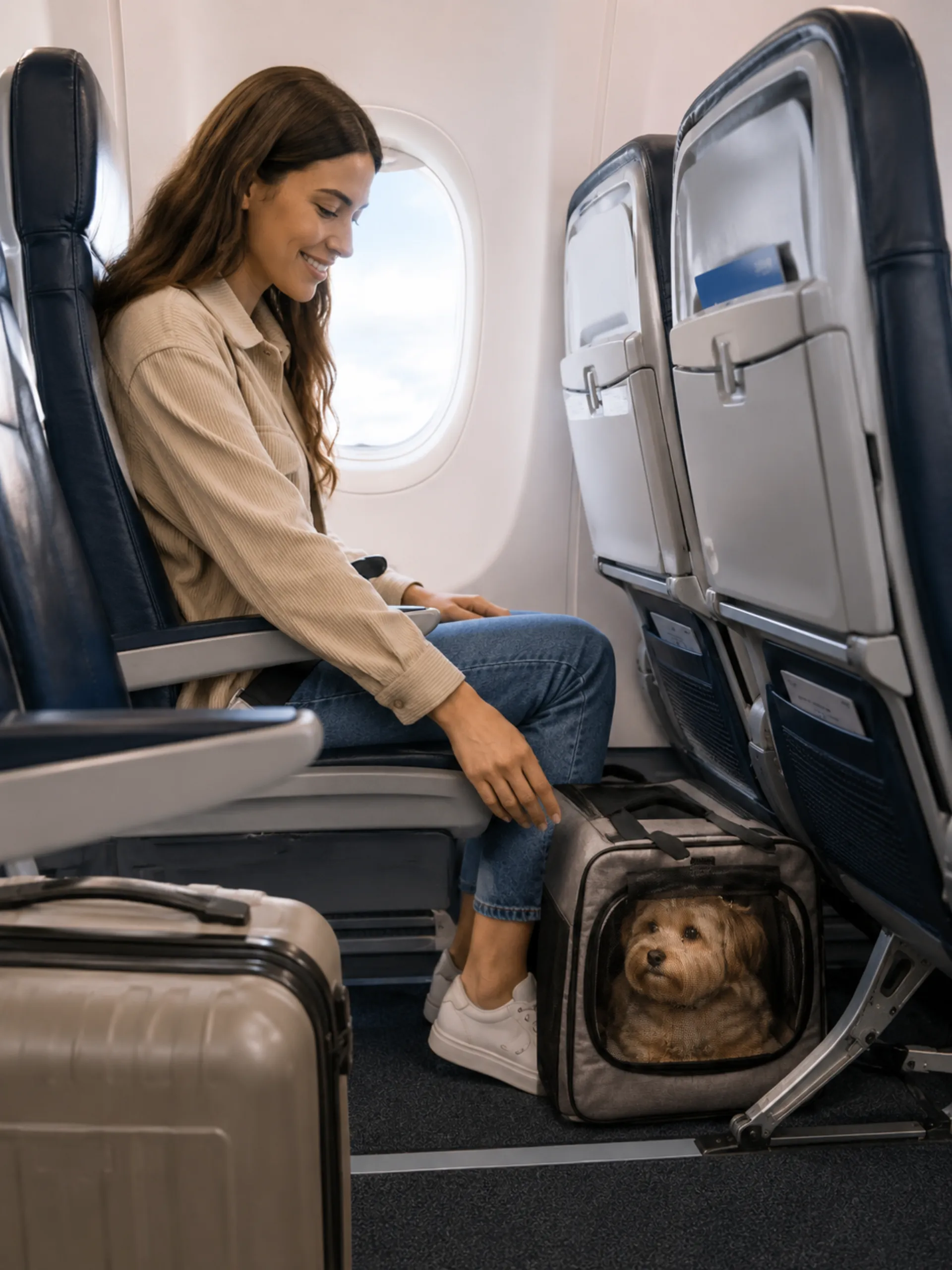 En reisende sitter rolig ved flyvinduet mens hennes lille hund hviler i en myk transportveske under setet foran henne.